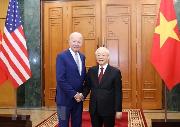 Tổng Bí thư Nguyễn Phú Trọng và Tổng thống Hoa Kỳ Joe Biden trước khi tiến hành hội đàm, chiều 10/9. (Ảnh: Trí Dũng/TTXVN)