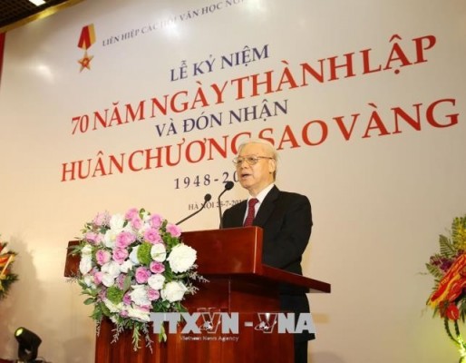 Tổng Bí thư Nguyễn Phú Trọng phát biểu tại Lễ kỷ niệm. Ảnh: Trí Dũng/TTXVN.