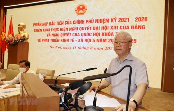 Tổng Bí thư Nguyễn Phú Trọng phát biểu tại Phiên họp đầu tiên của Chính phủ nhiệm kỳ 2021-2026. (Ảnh: Trí Dũng/TTXVN)