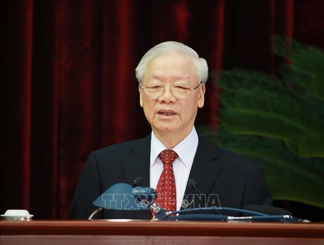 Tổng Bí thư Nguyễn Phú Trọng phát biểu bế mạc hội nghị. Ảnh: Phương Hoa/TTXVN